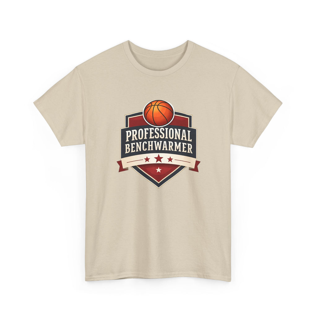 Beige t-shirt with basketball graphic and 'Professional Benchwarmer' text on a white background