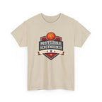 Beige t-shirt with basketball graphic and 'Professional Benchwarmer' text on a white background