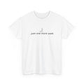 White t-shirt with 'just one more walk' text and line drawing of woman walking a dog