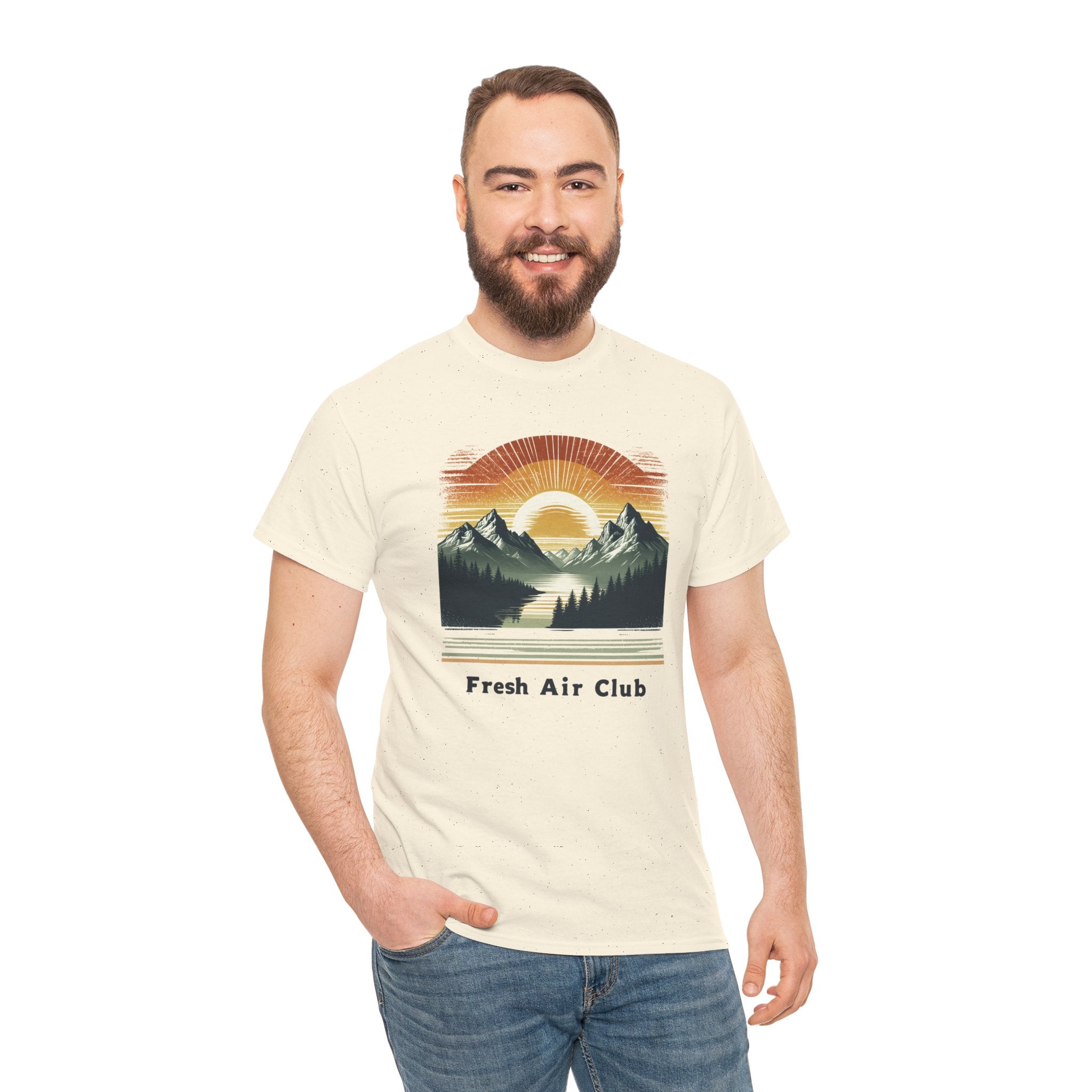 Fresh Air Club Mountain Sunset T-Shirt — Retro Outdoor Adventure Tee