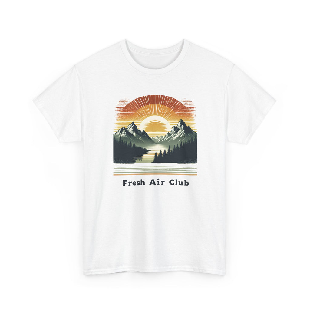 Fresh Air Club Mountain Sunset T-Shirt — Retro Outdoor Adventure Tee
