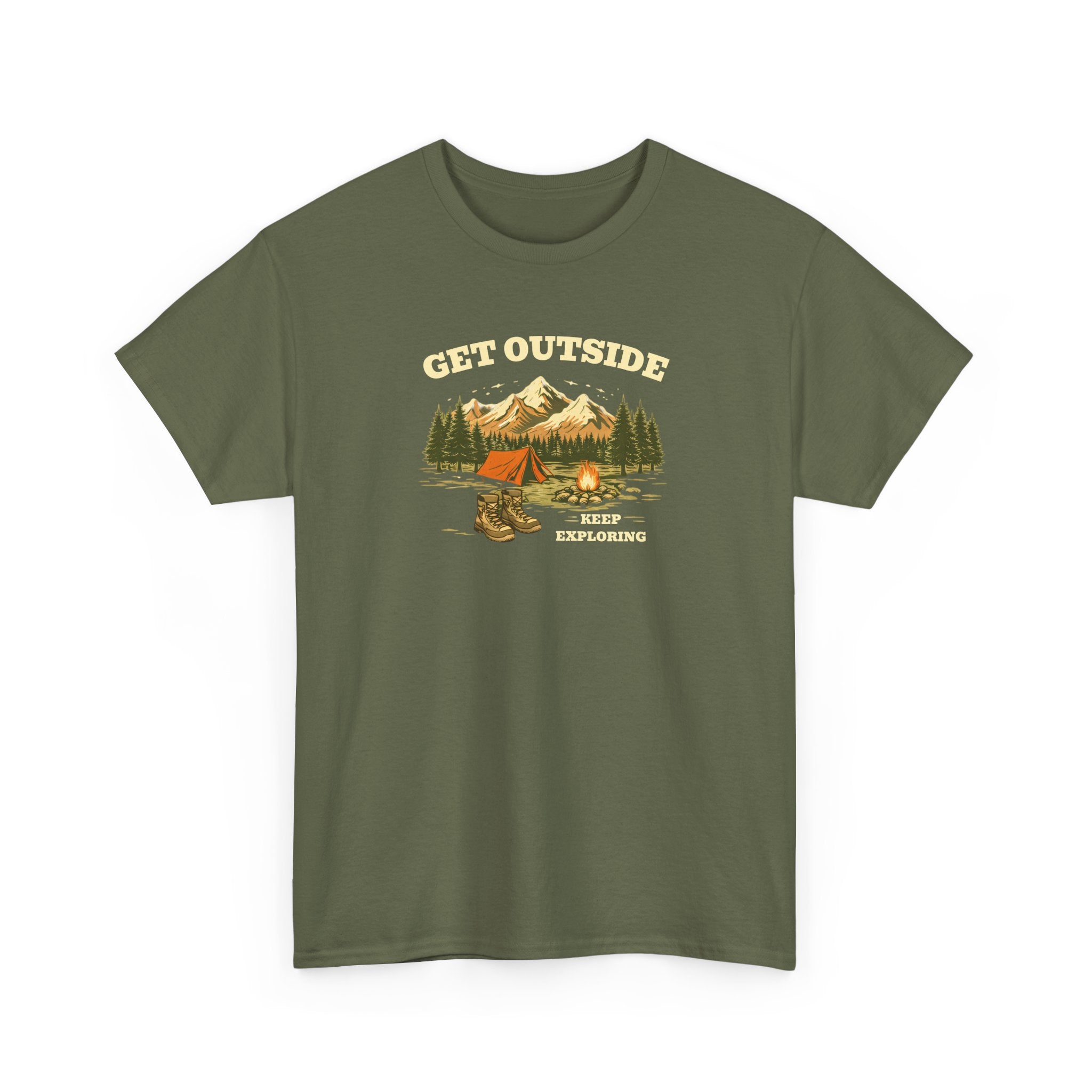 Get Outside Camping T-Shirt — Retro Mountain Tent & Campfire Tee