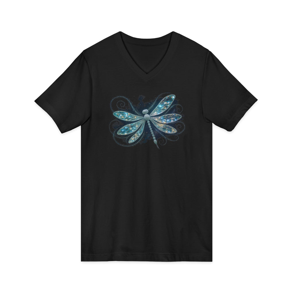 Dragonfly V-Neck Tee — Blue Glitter Floral Wing Graphic