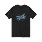 Dragonfly V-Neck Tee — Blue Glitter Floral Wing Graphic