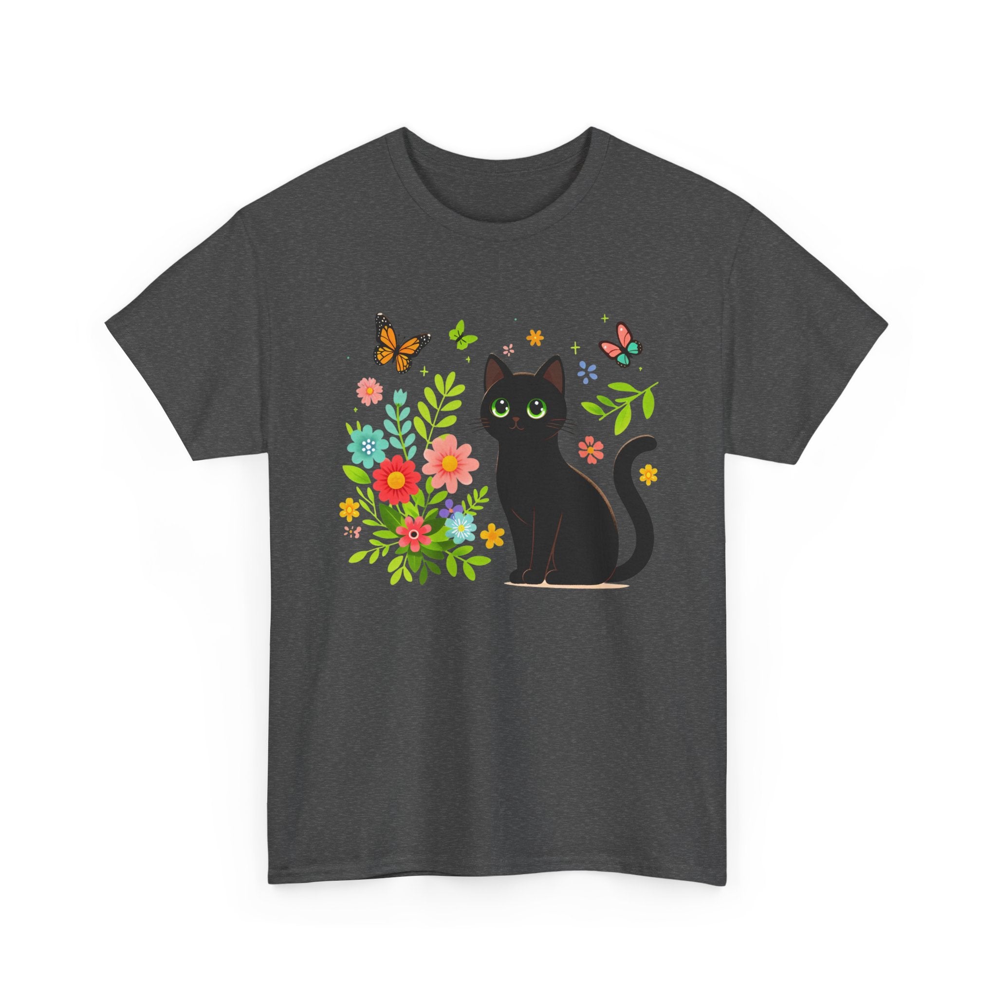 Black Cat Floral Tee - Cute Cat, Flowers & Butterflies Graphic T-Shirt