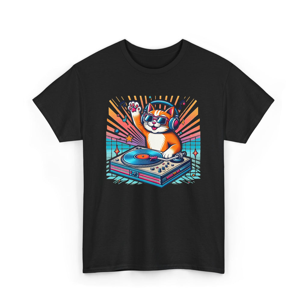 Black t-shirt with a retro cat DJ at turntable graphic on a white background