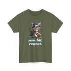 Funny Football Cat T-Shirt — "Run. Hit. Repeat." Cute Helmet Kitten Tee for Football Fans