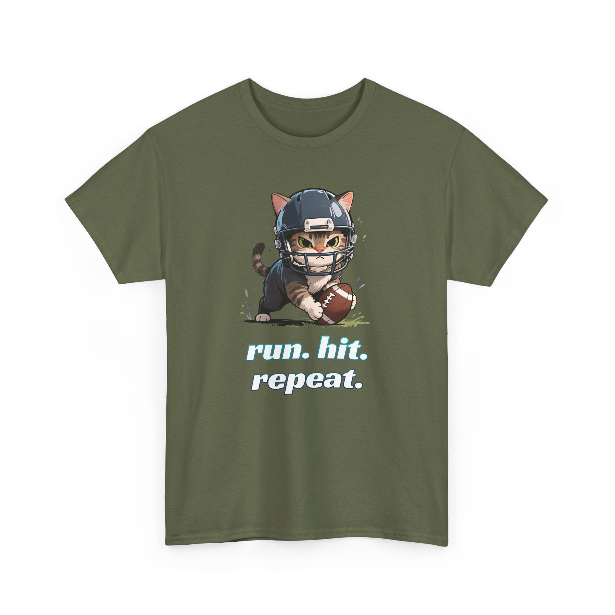 Funny Football Cat T-Shirt — "Run. Hit. Repeat." Cute Helmet Kitten Tee for Football Fans