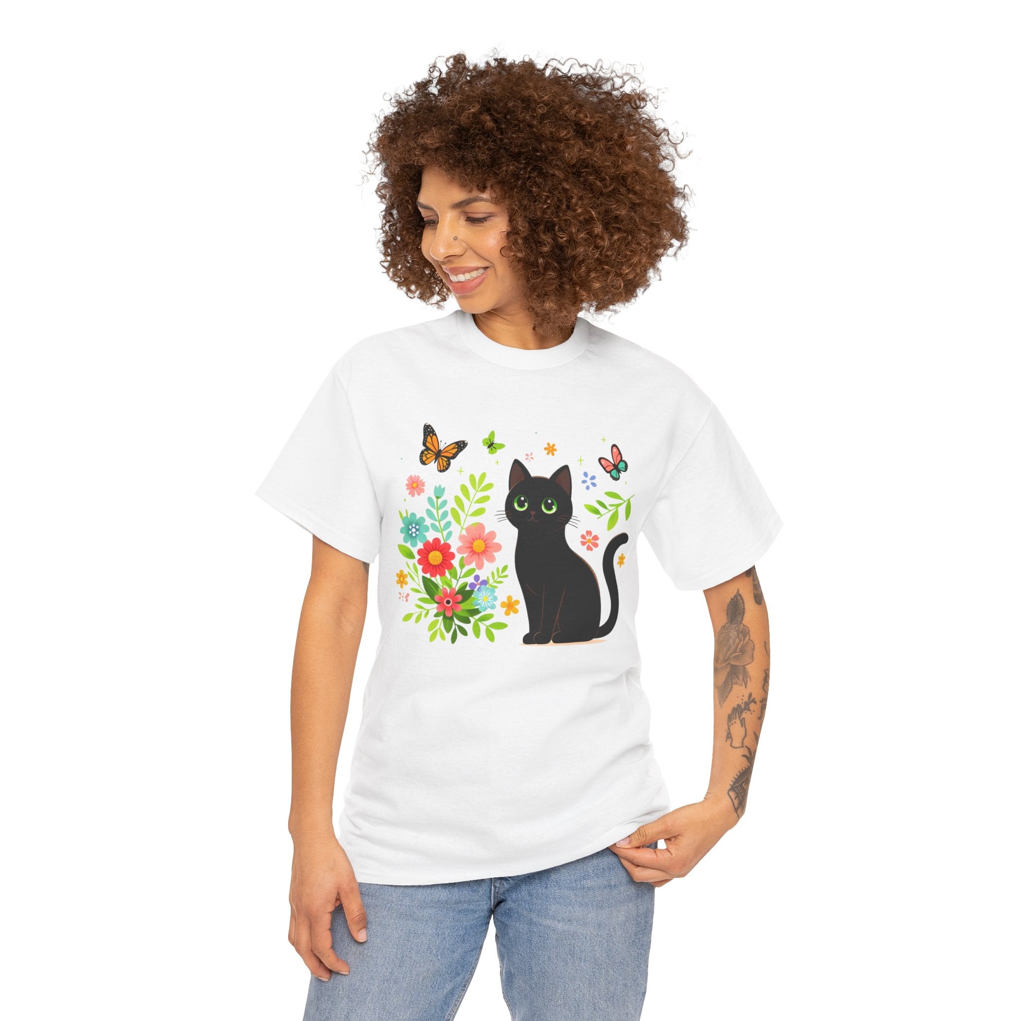 Black Cat Floral Tee - Cute Cat, Flowers & Butterflies Graphic T-Shirt