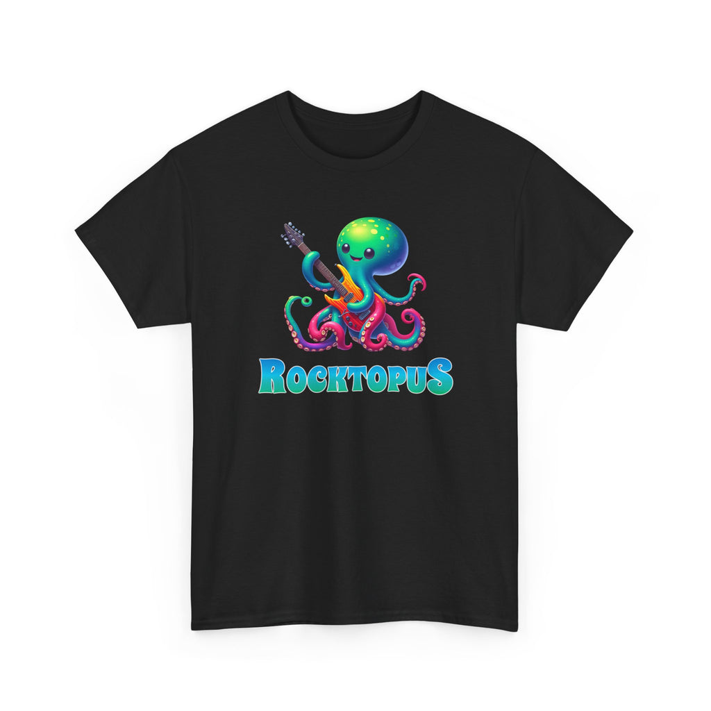 a cute octopus playing an electric guitar with the word 'rocktopus'