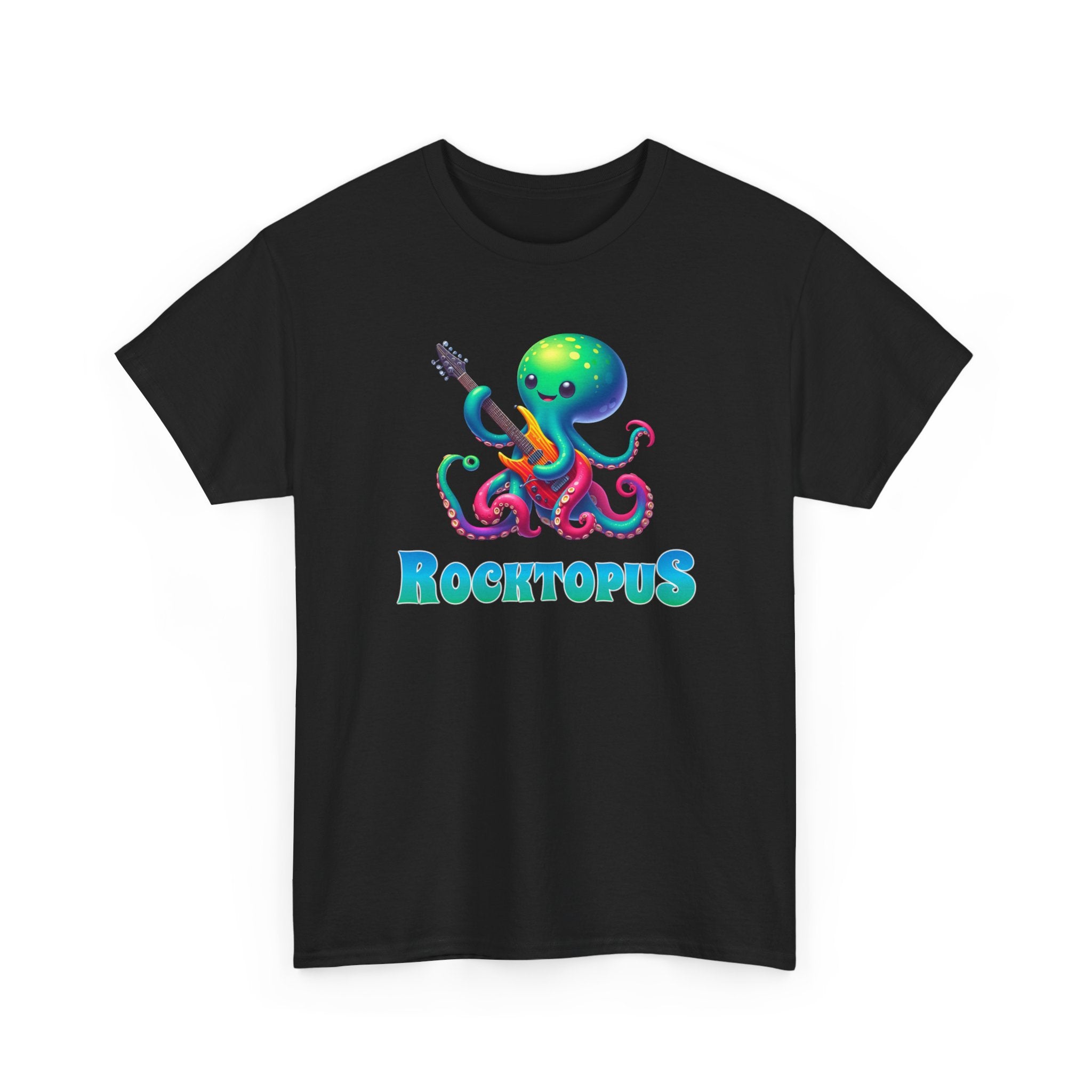a cute octopus playing an electric guitar with the word 'rocktopus'