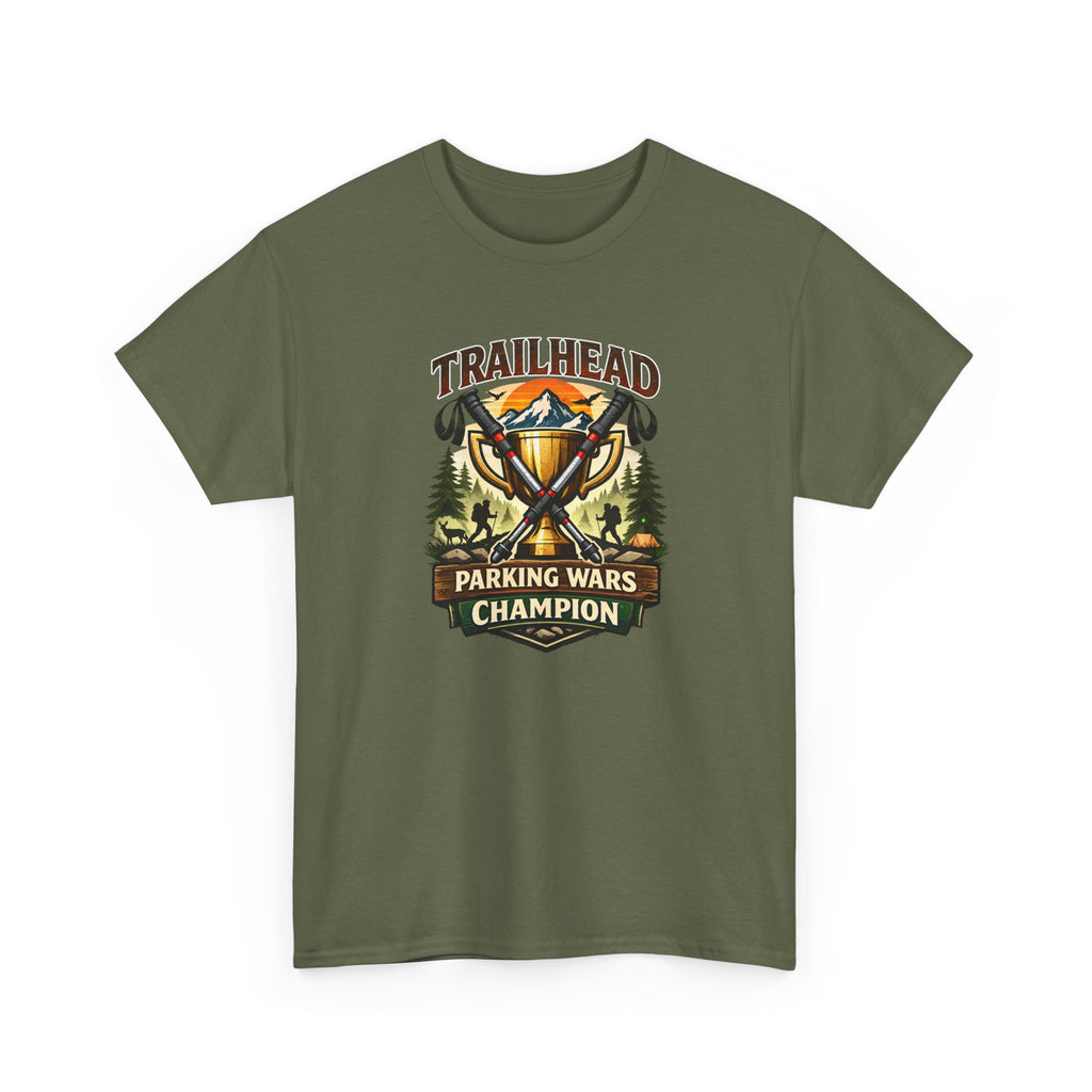Green t-shirt with 'Trailhead Parking Wars Champion' graphic on a white background