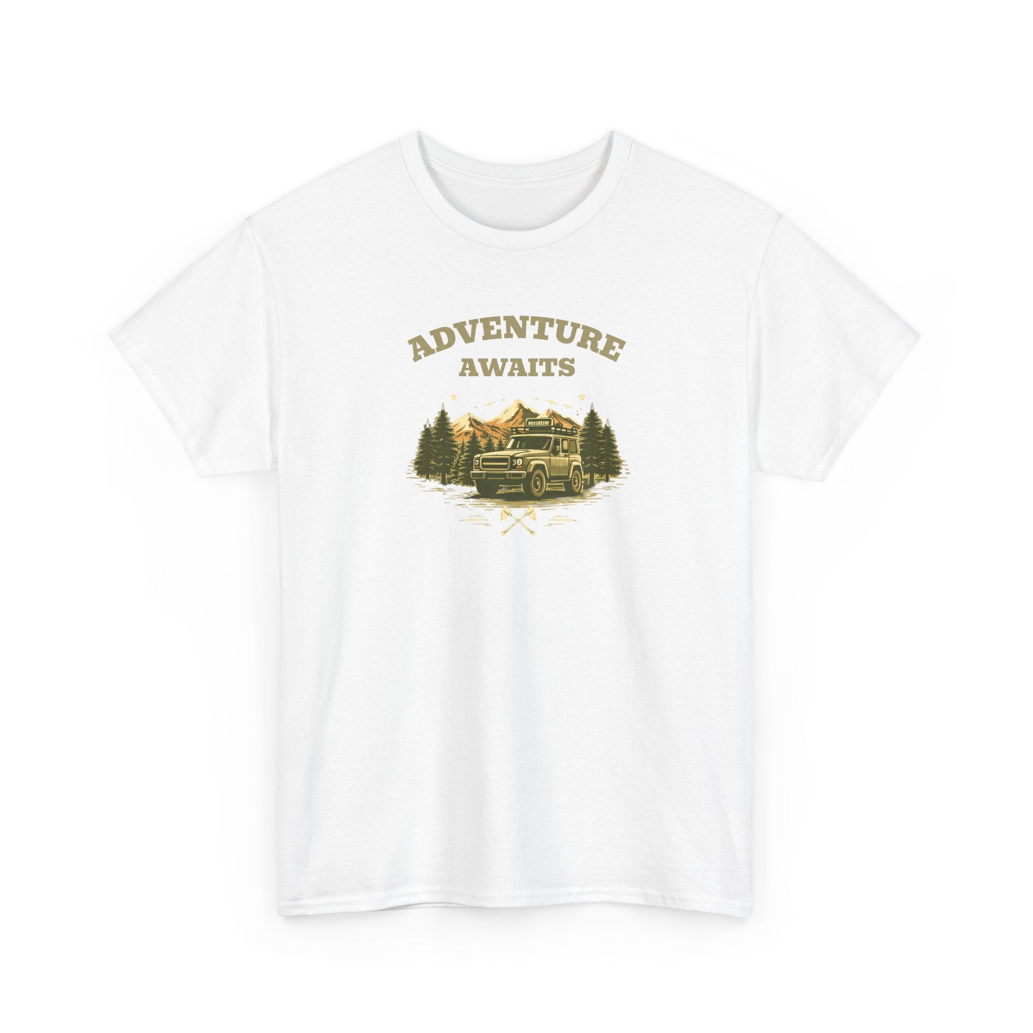 An outdoor scenic graphic with a jeep and pine trees and mountains in the distance, with the text 'Adventure Awaits', perfect for nature lovers.