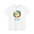 a beach graphic with palm trees and ocean in the middle with the text 'aloha'