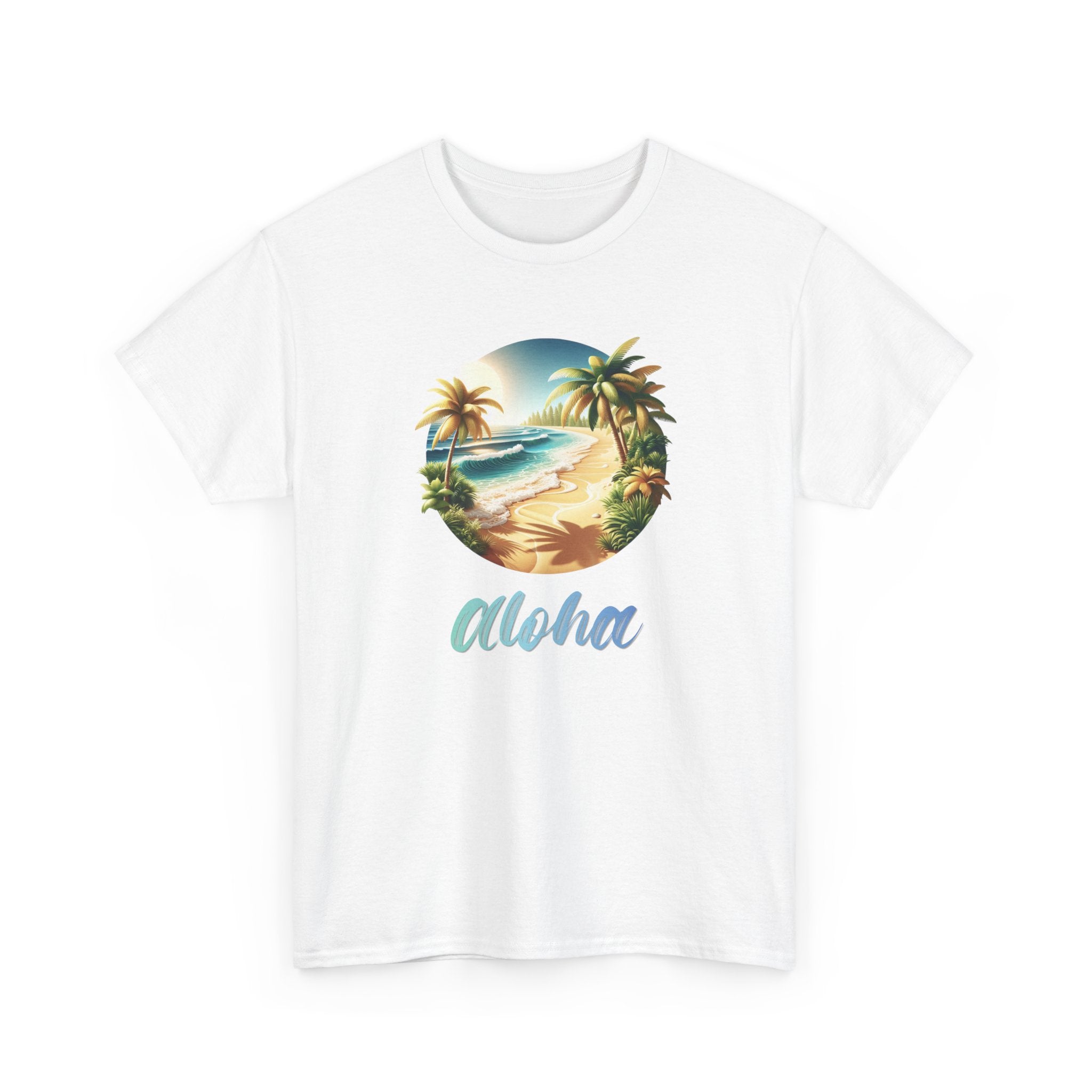 a beach graphic with palm trees and ocean in the middle with the text 'aloha'