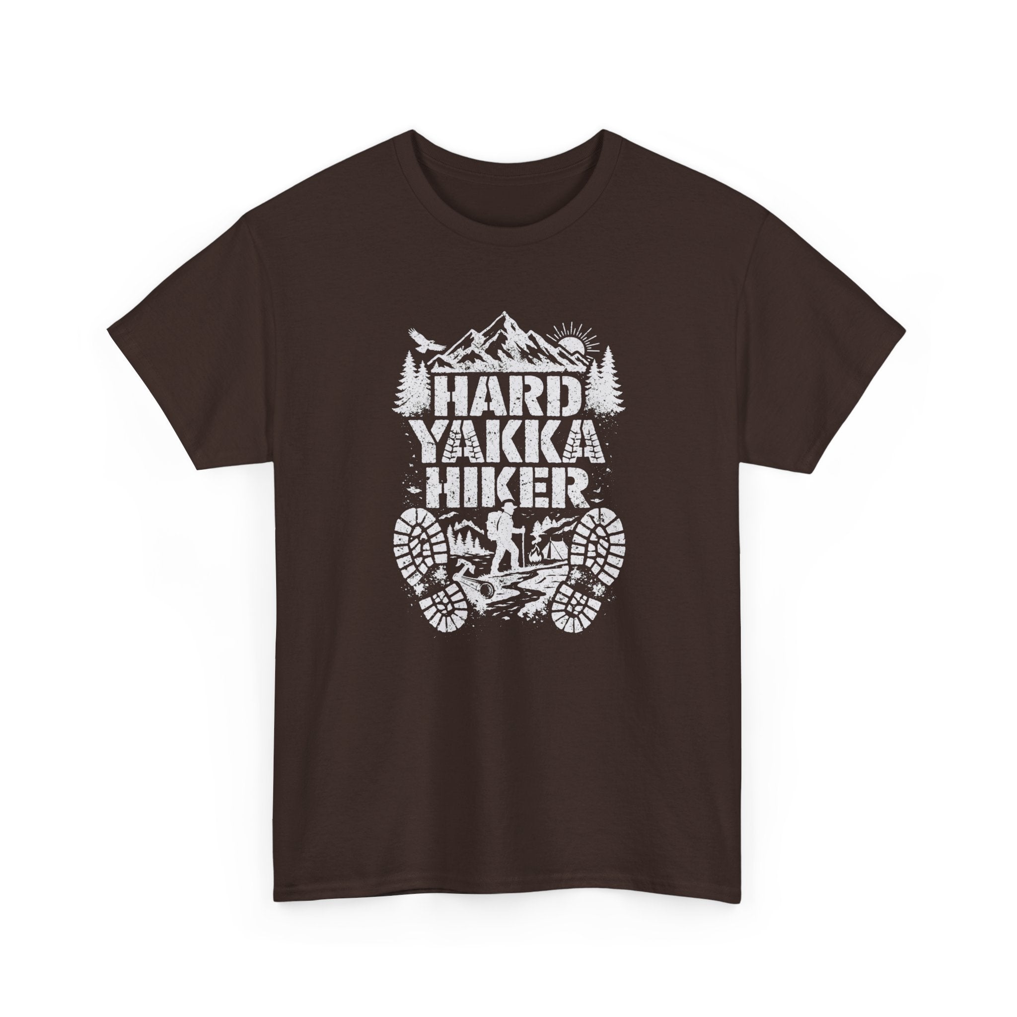Hard Yakka Hiker T-Shirt — Outdoor Hiking Tee with Mountain Bootprint Design