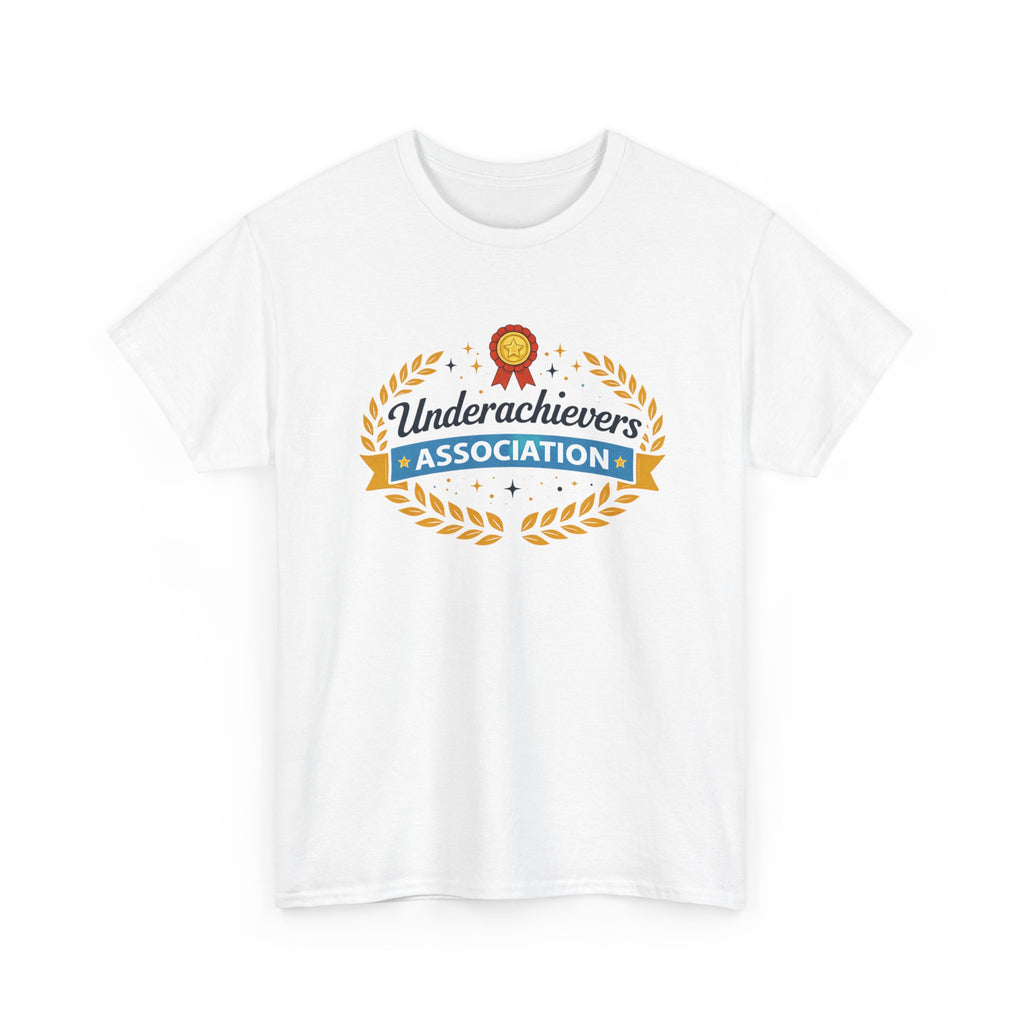 White t-shirt with funny 'Underachievers Association' graphic on a white background