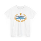 White t-shirt with funny 'Underachievers Association' graphic on a white background