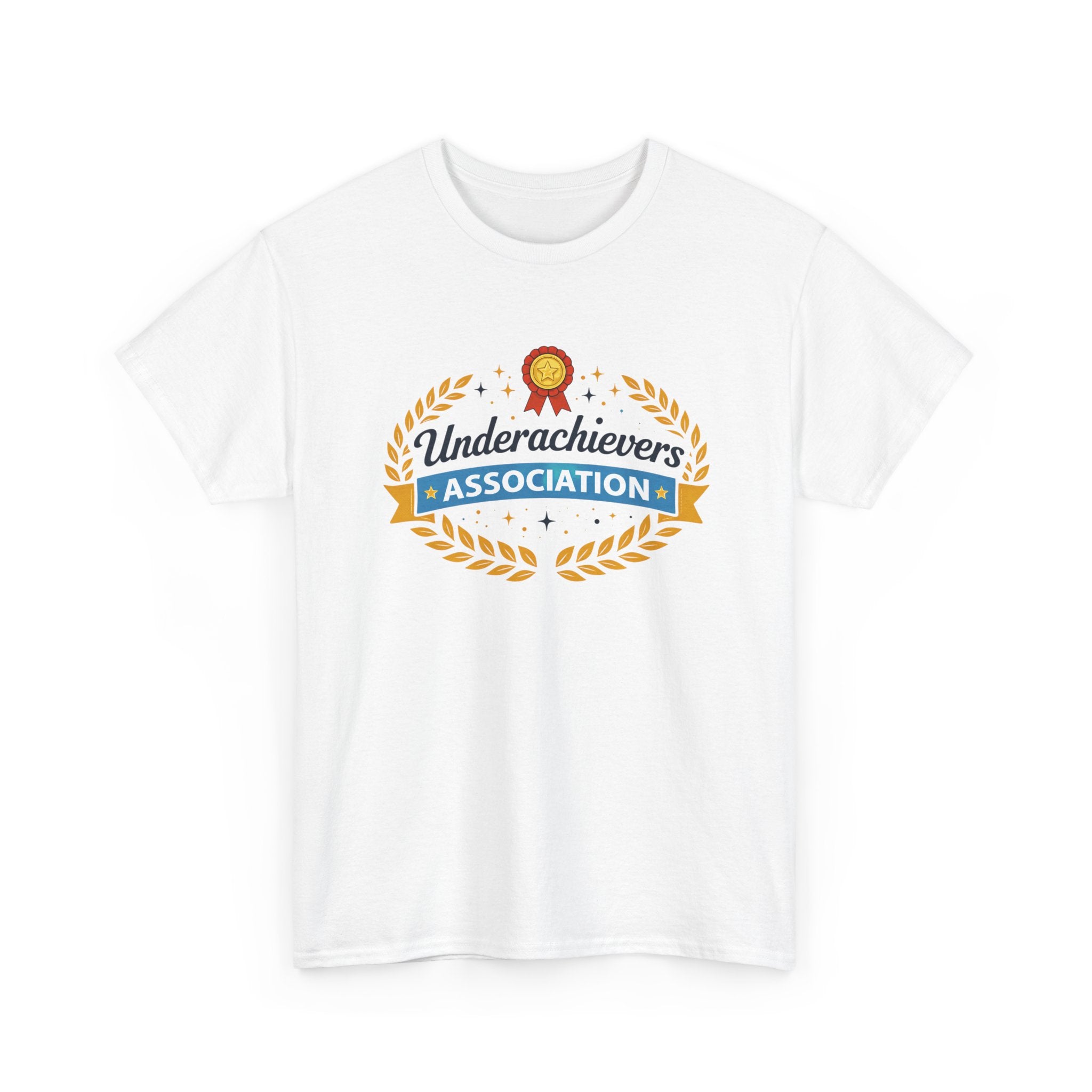 White t-shirt with funny 'Underachievers Association' graphic on a white background