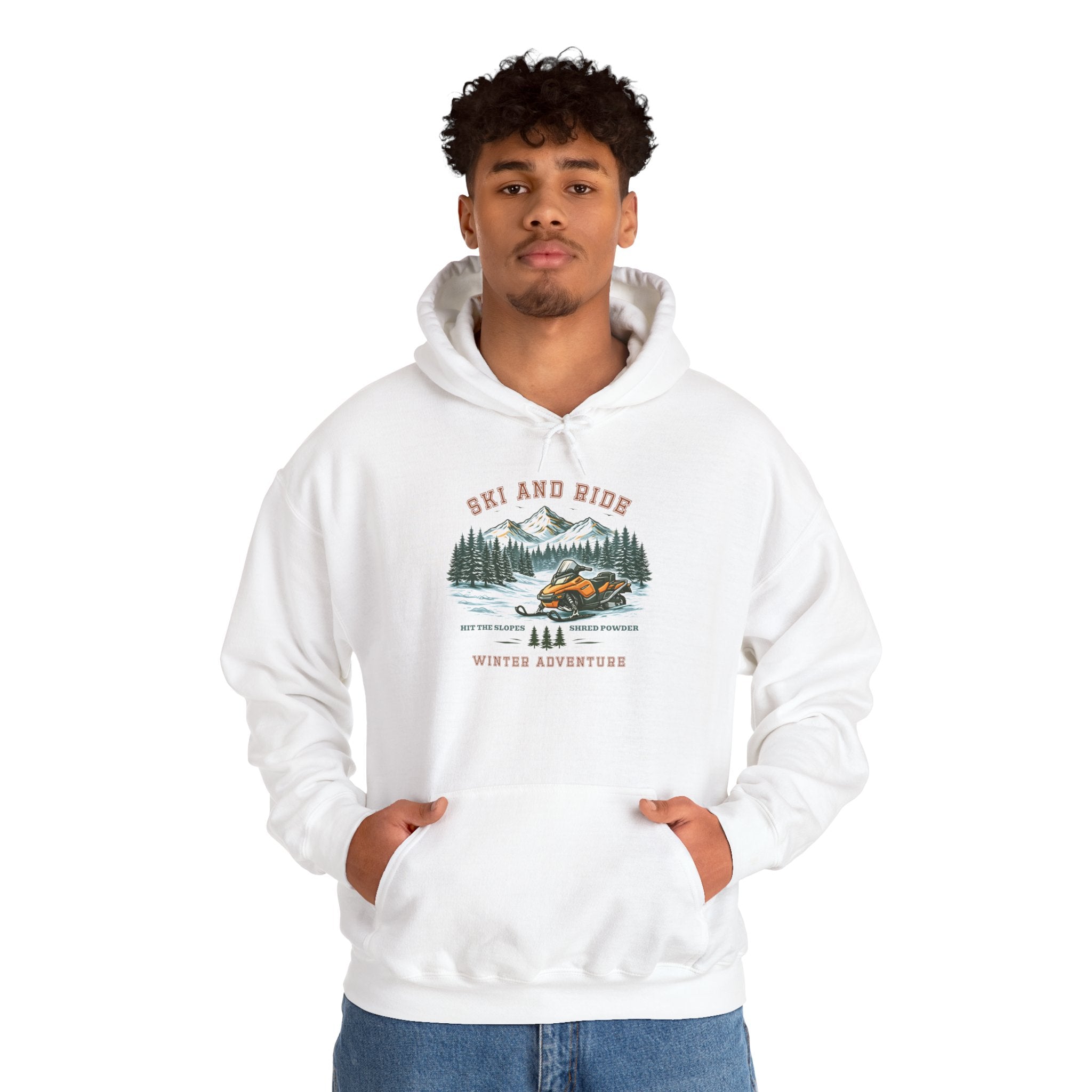 Snowmobile Ski and Ride Hoodie — Vintage Mountain Winter Adventure Pullover