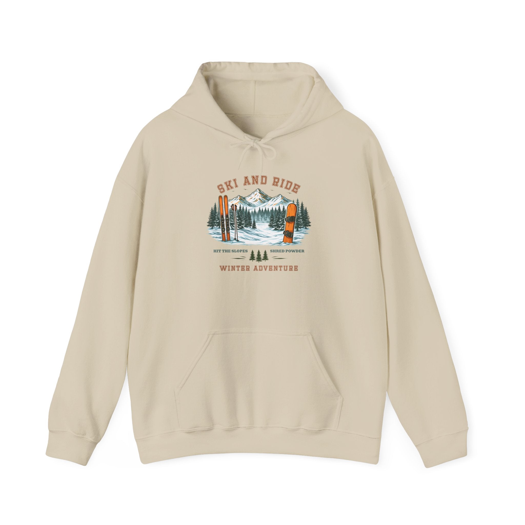 Ski and Ride Hoodie — Vintage Mountain Winter Adventure Pullover