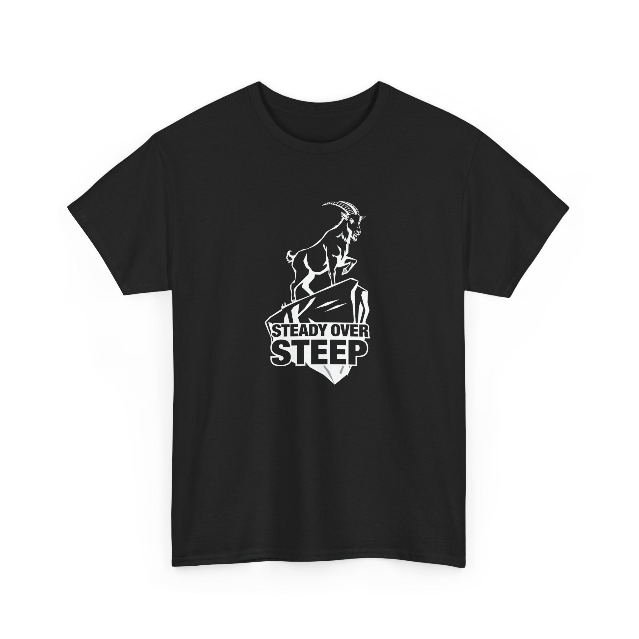 Steady Over Steep Mountain Goat T-Shirt — Motivational Hiking Logo Tee