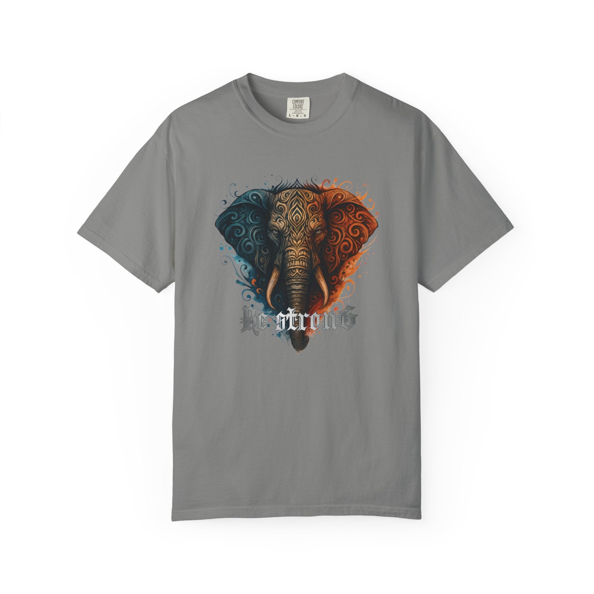 Elephant Head Graphic Tee — 'Be Strong' Tribal Art T-Shirt