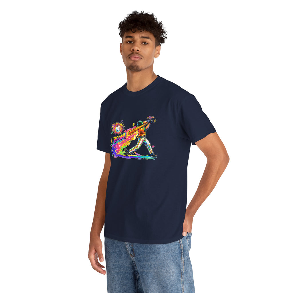 Baseball Batter Rainbow Blast Tee — 'Boom!' Graphic Sports T-Shirt