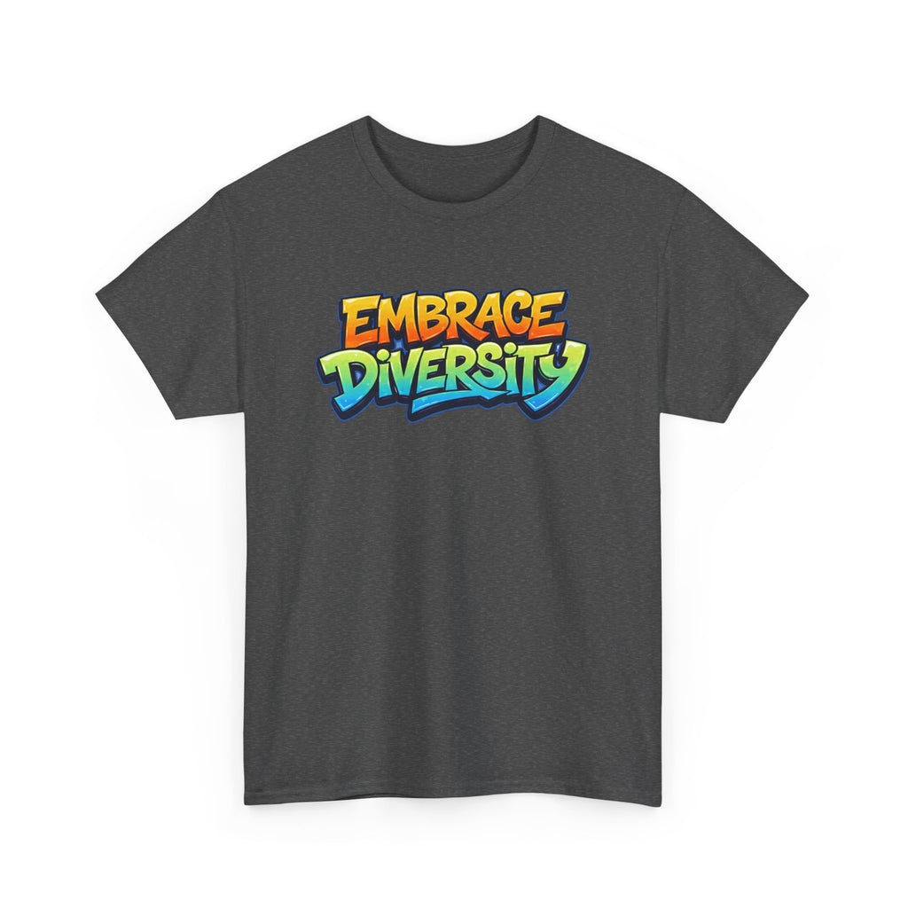 Gray t-shirt with 'Embrace Diversity' text in colorful letters on a white background