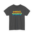 Gray t-shirt with 'Embrace Diversity' text in colorful letters on a white background