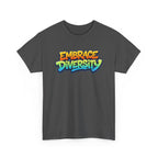 Gray t-shirt with 'Embrace Diversity' text in colorful letters on a white background