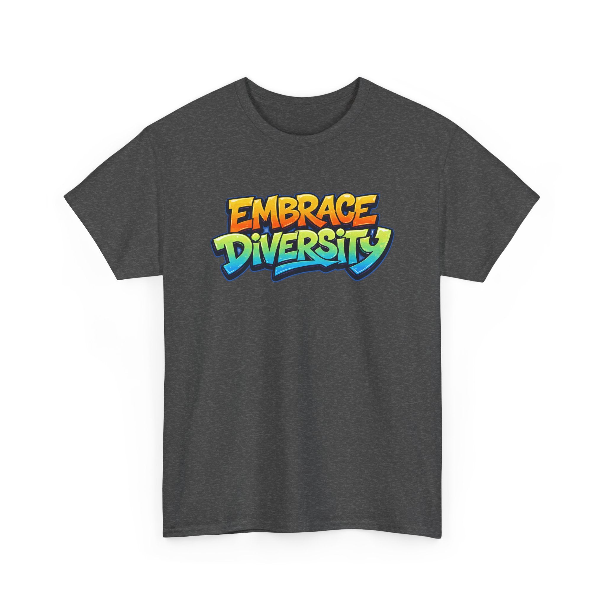 Gray t-shirt with 'Embrace Diversity' text in colorful letters on a white background