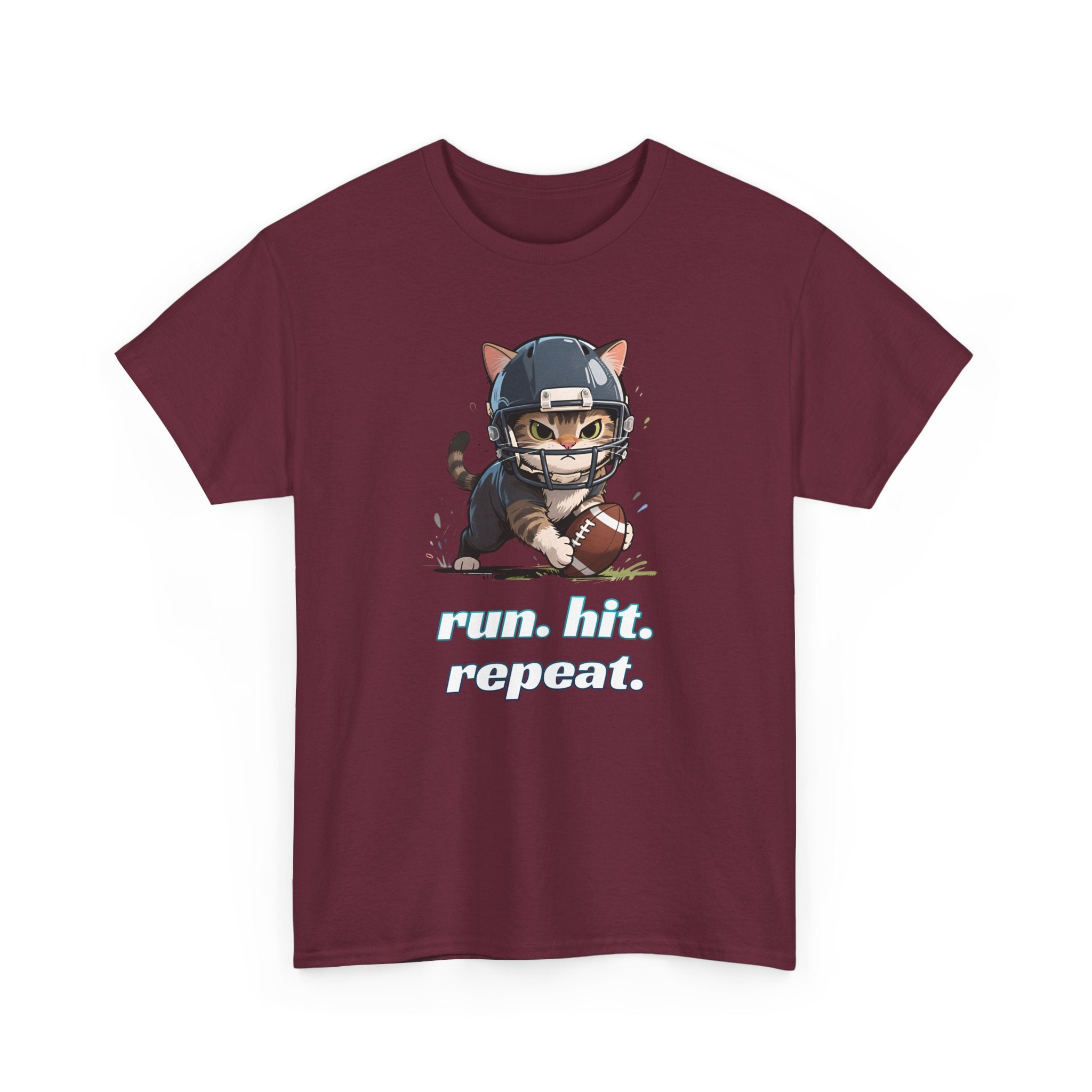 Funny Football Cat T-Shirt — "Run. Hit. Repeat." Cute Helmet Kitten Tee for Football Fans