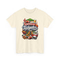 Beige t-shirt with 'Powered by Tailgates' graphic design on a white background