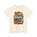 Beige t-shirt with 'Powered by Tailgates' graphic design on a white background