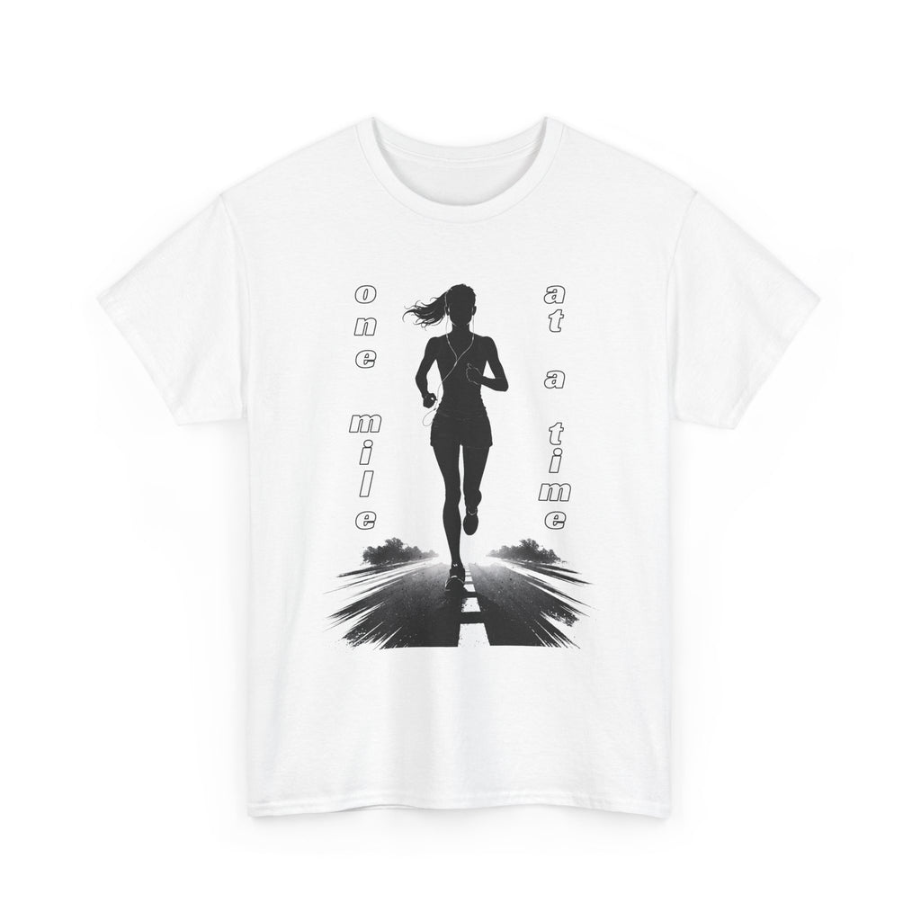 White t-shirt with a graphic of a runner and text 'one mile at a time' on a white background