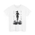 White t-shirt with a graphic of a runner and text 'one mile at a time' on a white background