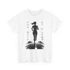 White t-shirt with a graphic of a runner and text 'one mile at a time' on a white background