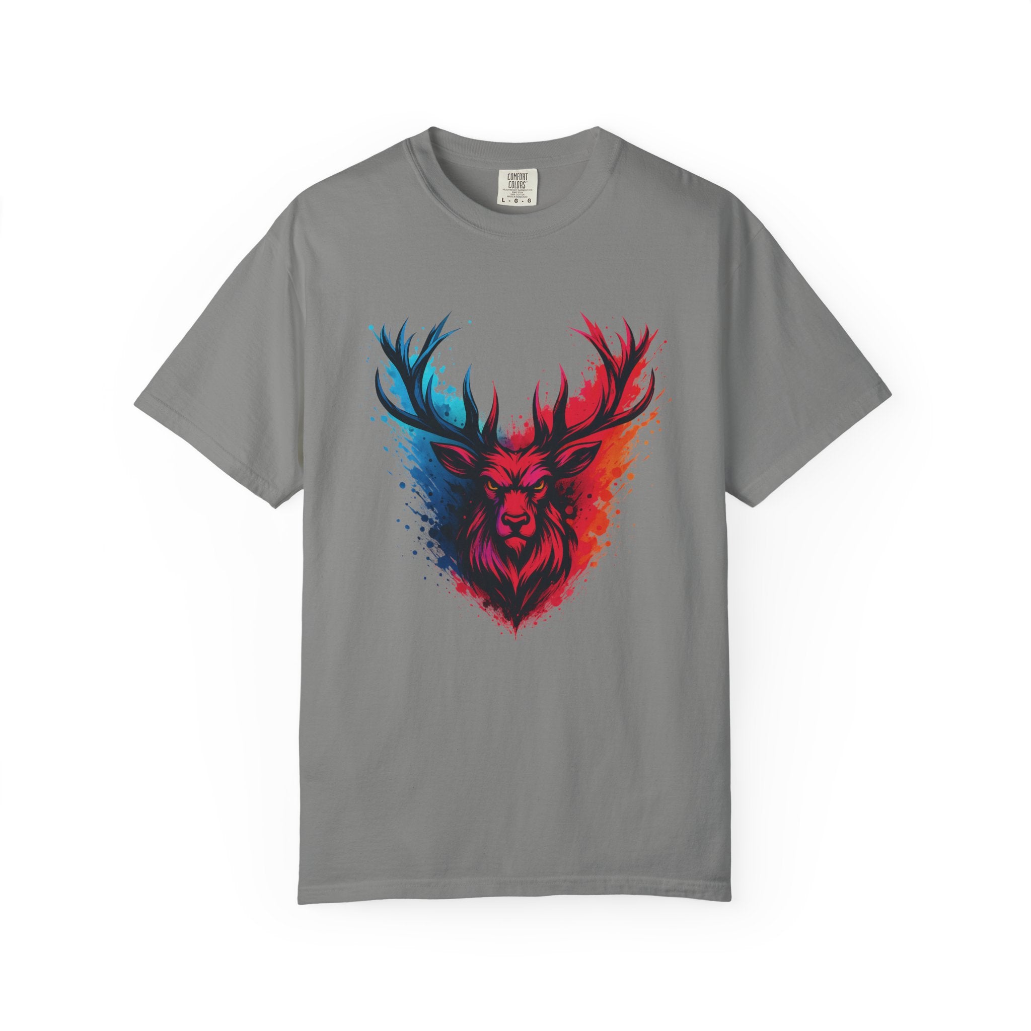 Stag Split-Color Splash T-Shirt — Red & Blue Deer Head Graphic
