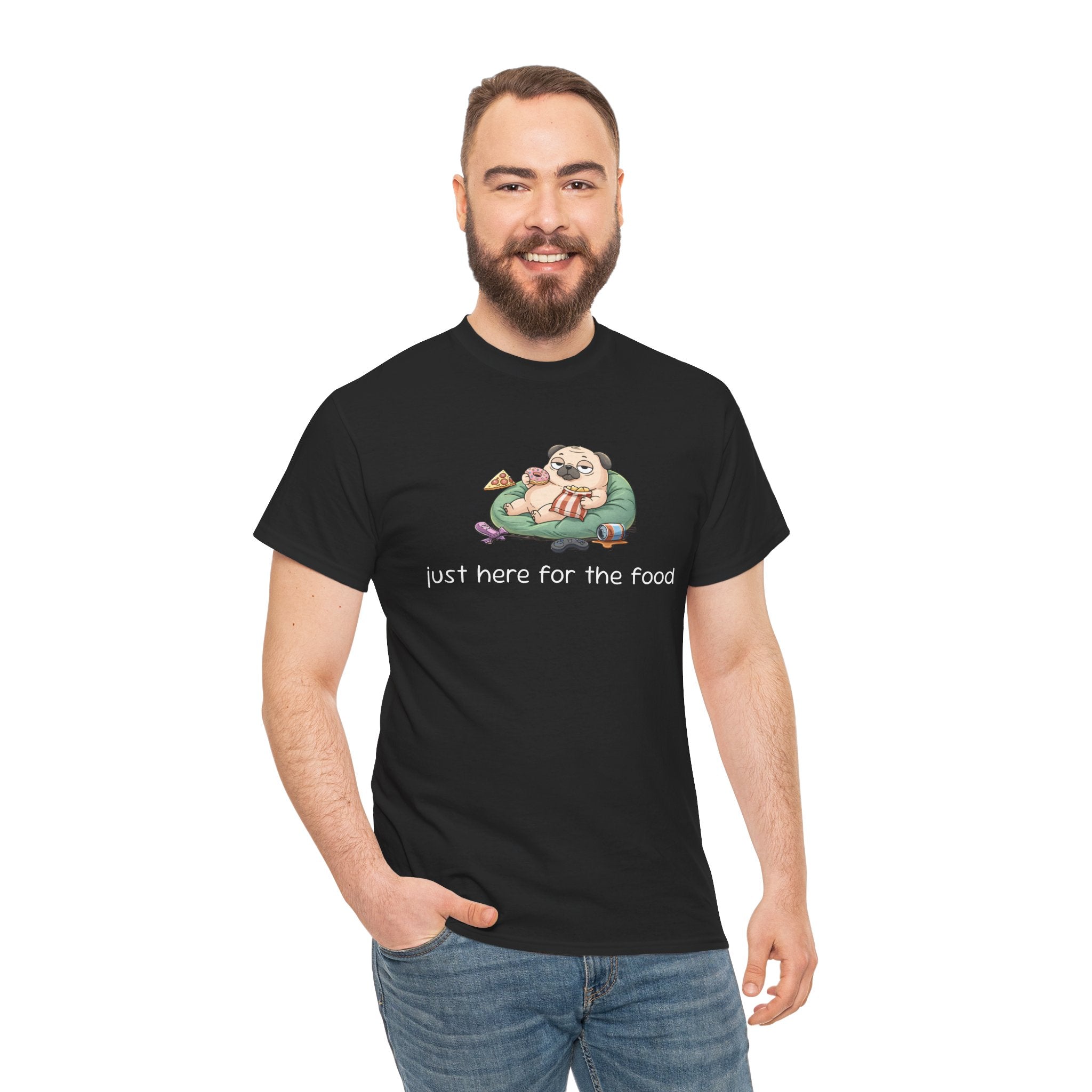 Pug Pizza Tee — "Just Here for the Food" Funny Dog T-Shirt