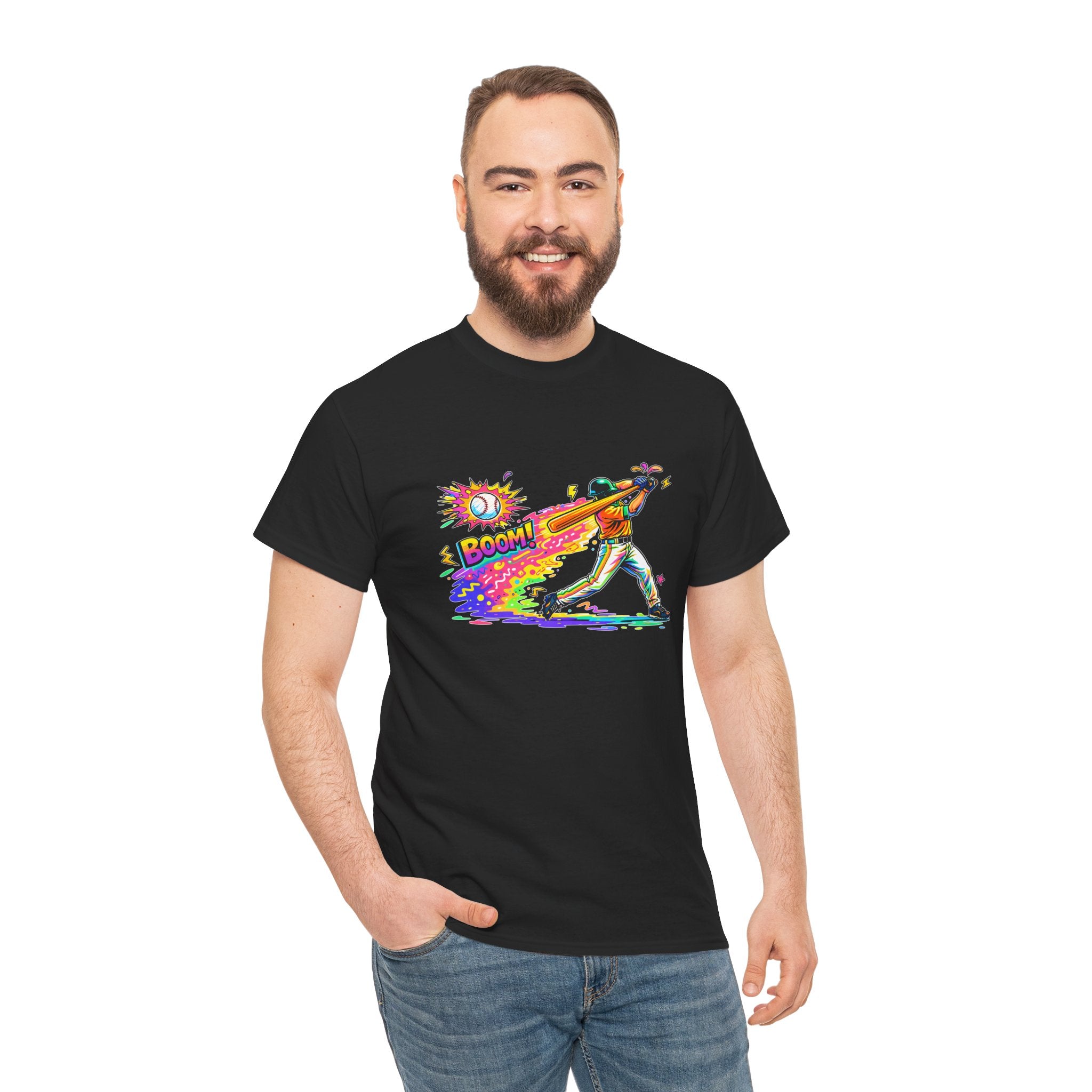 Baseball Batter Rainbow Blast Tee — 'Boom!' Graphic Sports T-Shirt