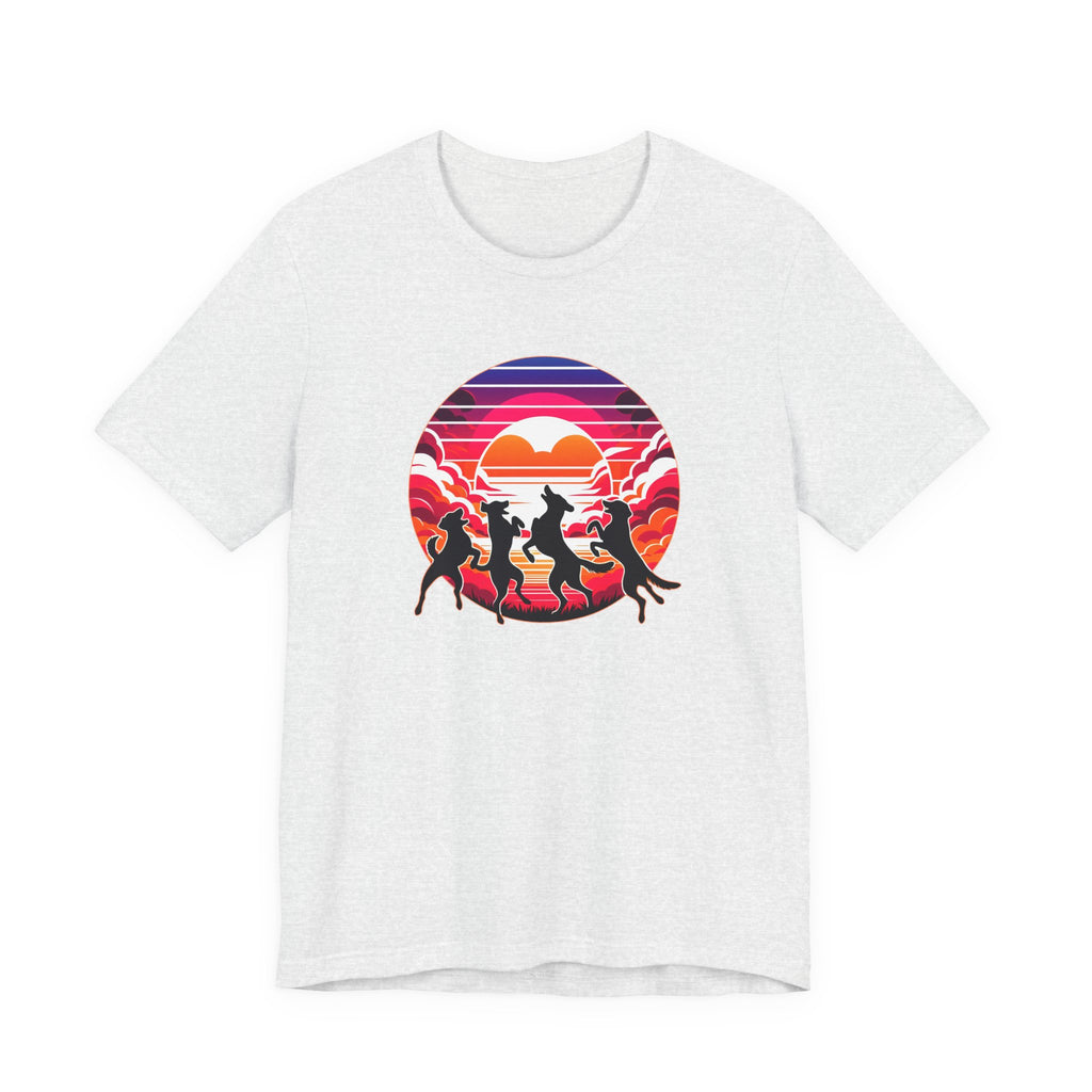 Retro Sunset Dancing Dogs T-Shirt — Vintage Rainbow Skyline Graphic Tee