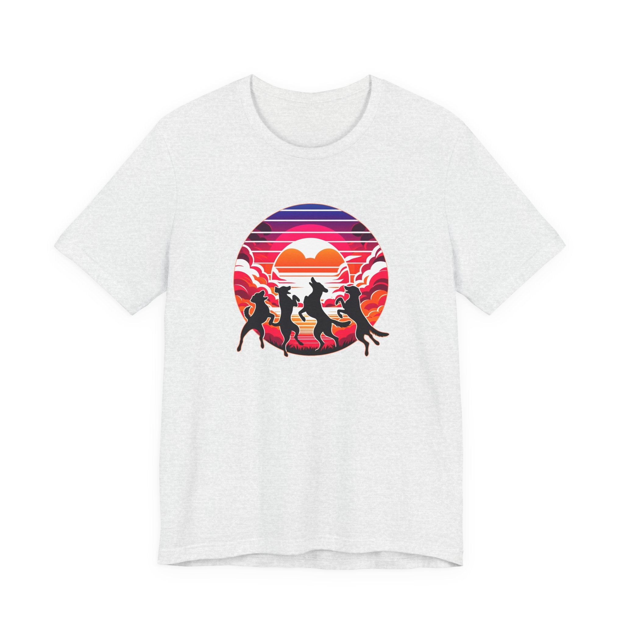 Retro Sunset Dancing Dogs T-Shirt — Vintage Rainbow Skyline Graphic Tee