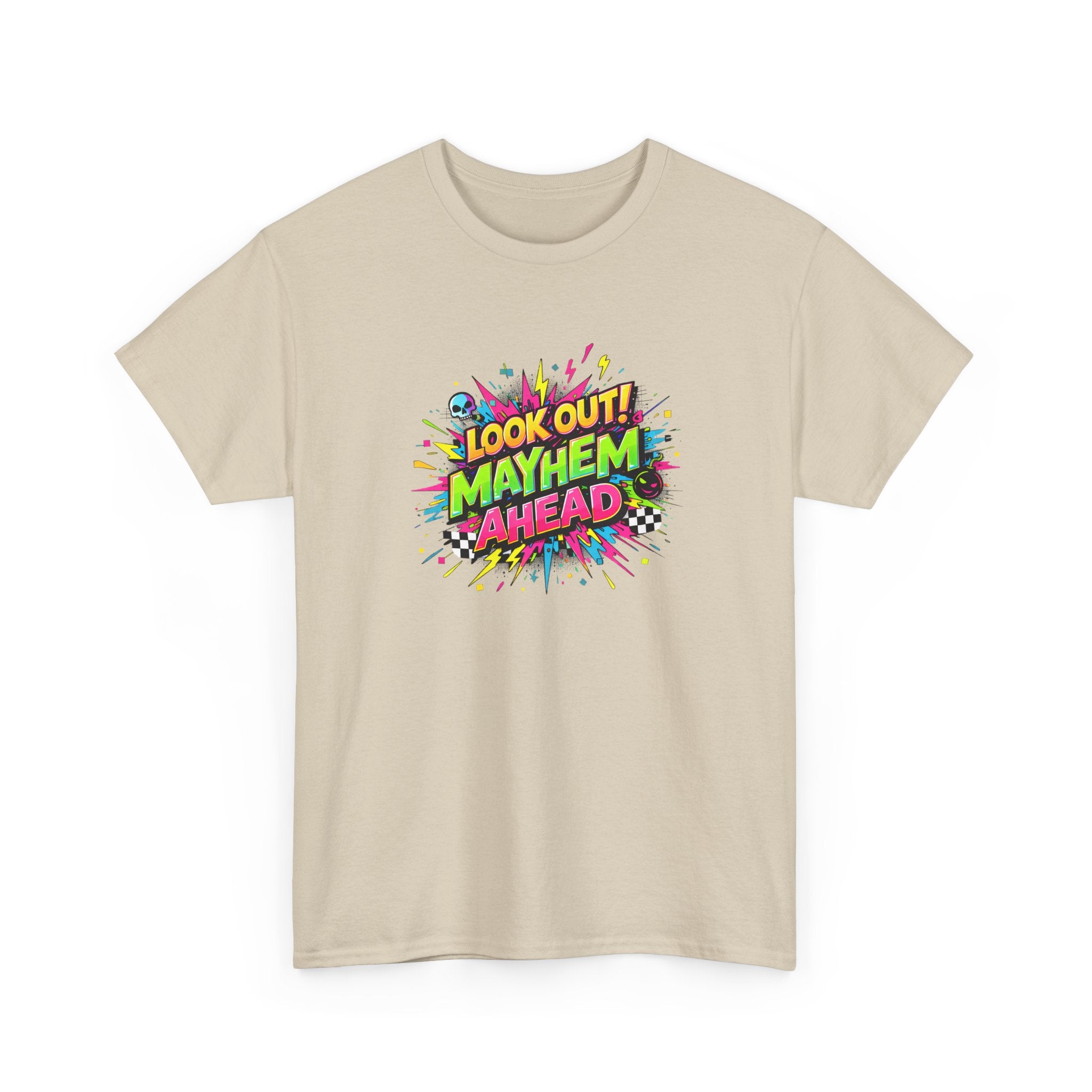 Look Out! Mayhem Ahead Graphic Tee — Colorful Retro Comic Humor Shirt