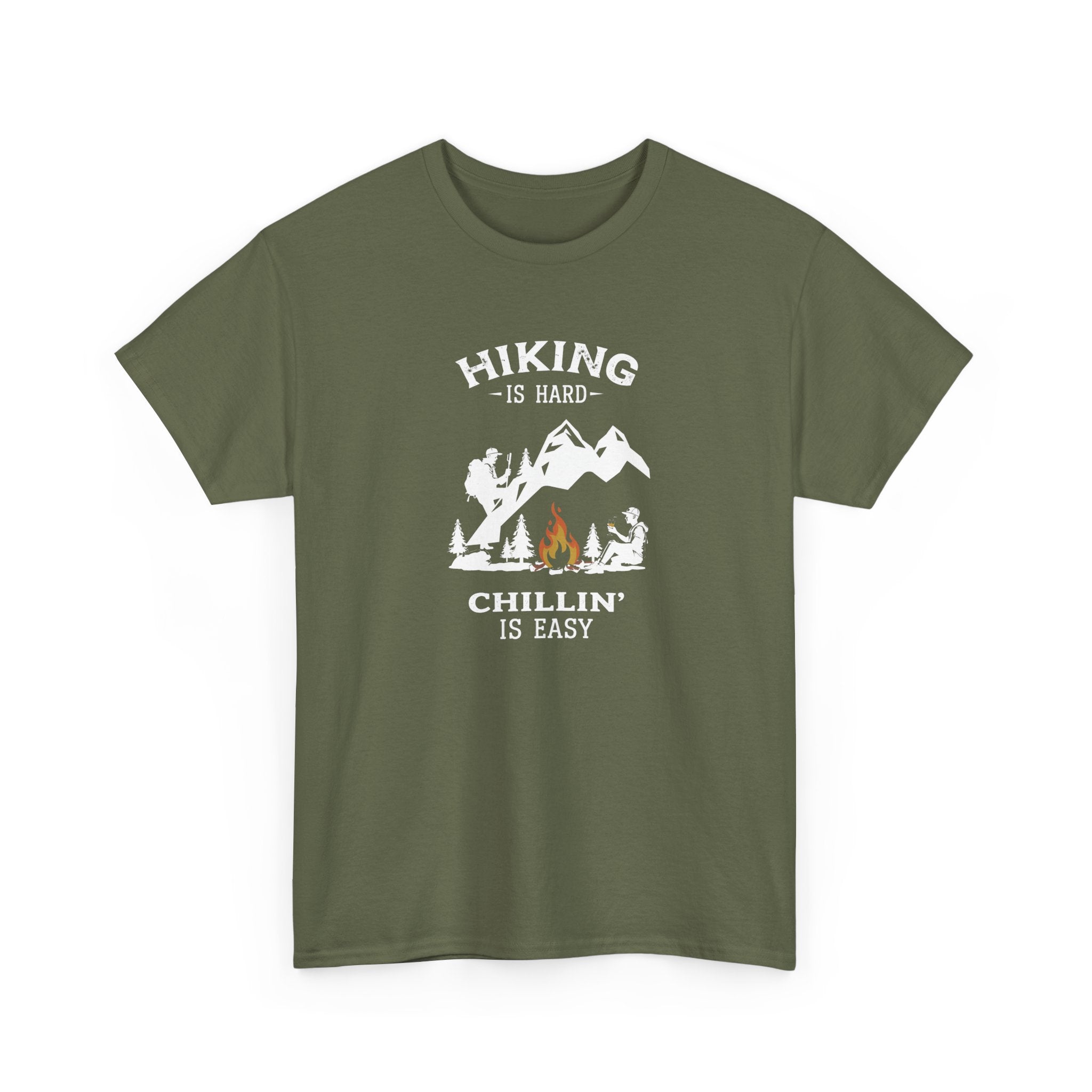 Hiking Is Hard, Chillin’ Is Easy T-Shirt — Camping Mountains Campfire Graphic Tee
