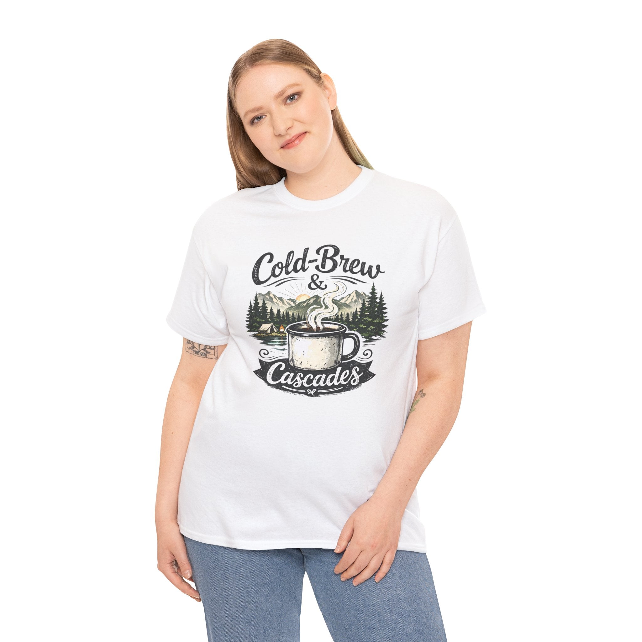 Cold-Brew & Cascades Tee — Vintage Coffee and Hiking Pine Forest Graphic T-Shirt