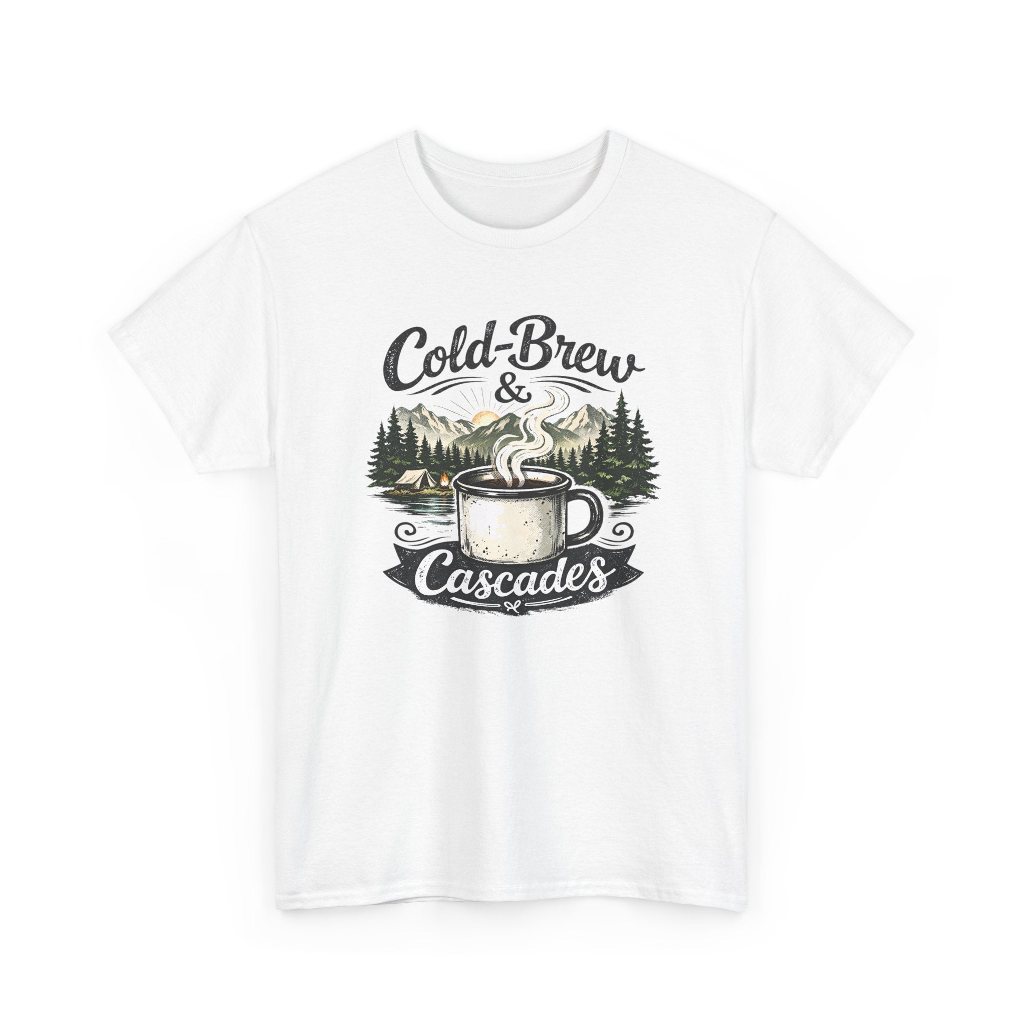Cold-Brew & Cascades Tee — Vintage Coffee and Hiking Pine Forest Graphic T-Shirt