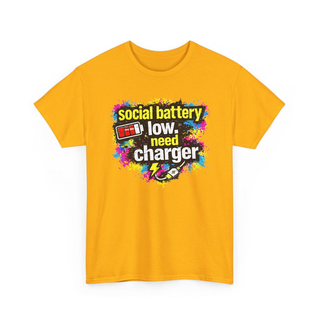 Social Battery Low Need Charger T-Shirt — Funny Sarcastic Introvert Graphic Tee