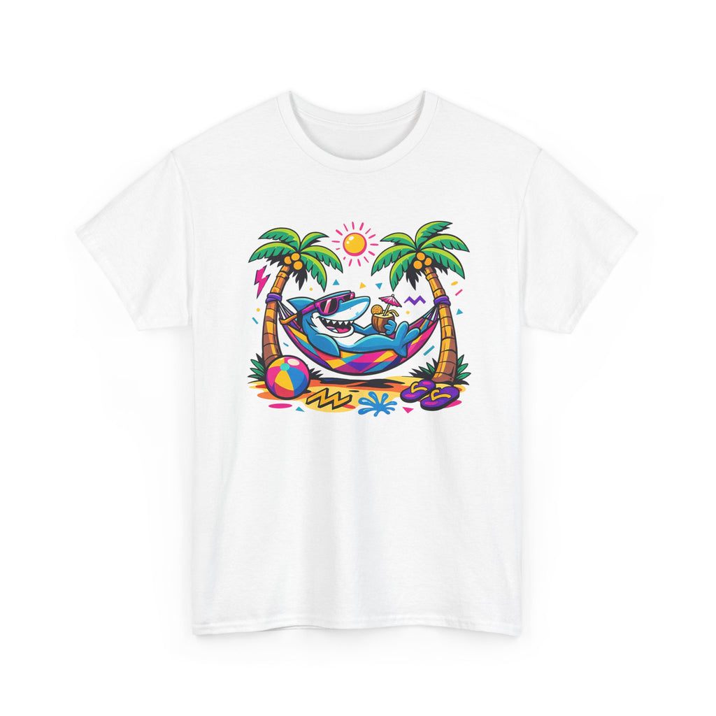 a colorful graphic of a shark lounging in a hammock between palm trees by the beach