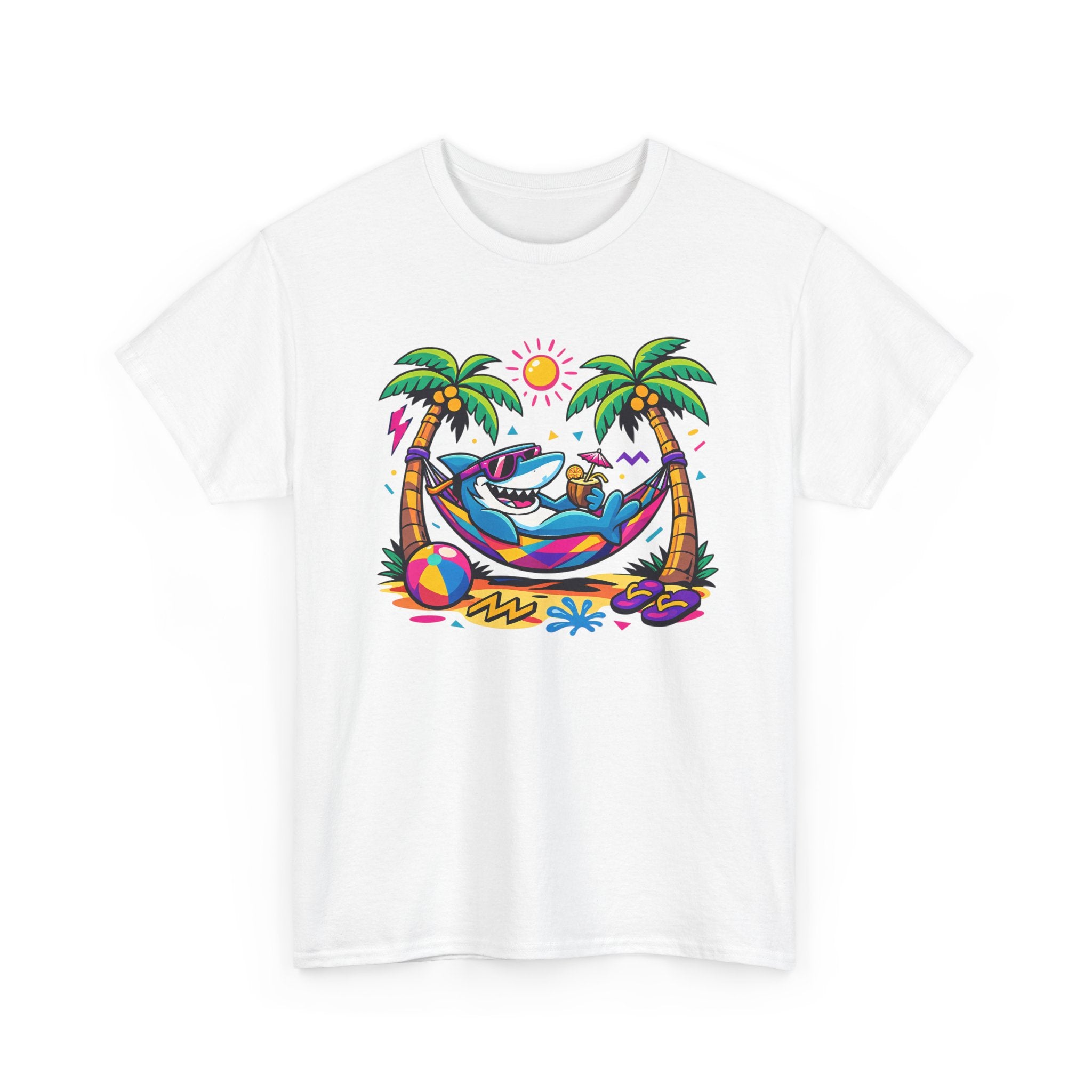 a colorful graphic of a shark lounging in a hammock between palm trees by the beach